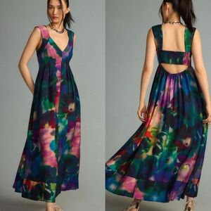 Anthropologie Printed Watercolor V-Neck Pleated A-Line Maxi Dress